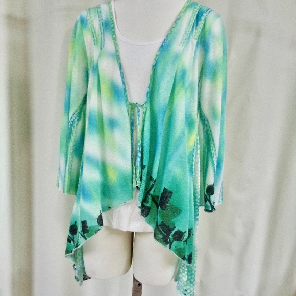 ANIA.A. TURQUOISE WATERCOLOR PRINT 3/4 SLEEVE TIE FRONT LIGHT WEIGHT JACKET S - Picture 2 of 10